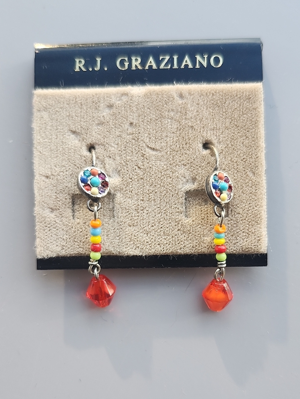 R.J. Graziano Multicolor Seed Bead Earrings with Red Crystal Drops